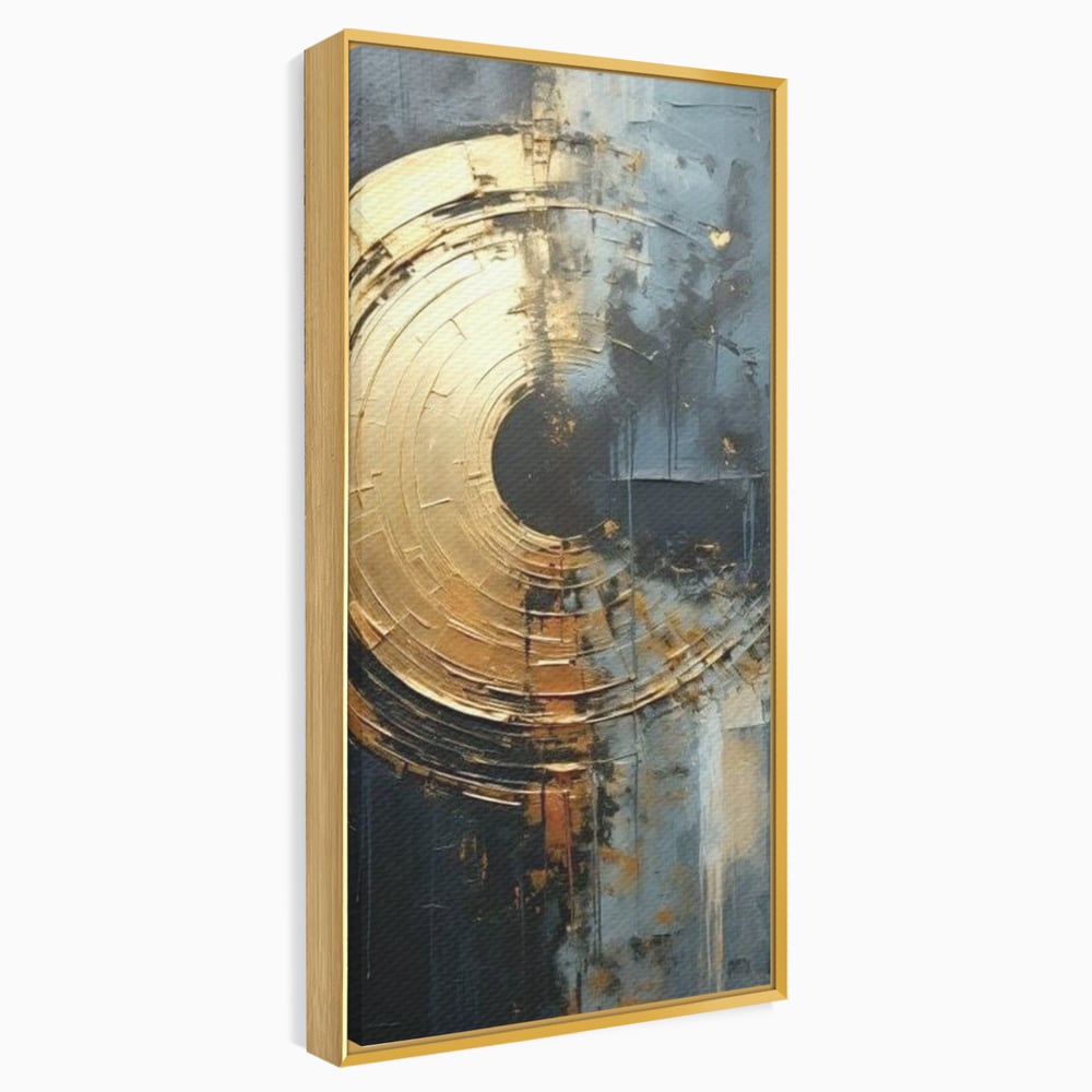 Tablou canvas cu tablou abstract cu cerc auriu, in rama de aluminiu auriu